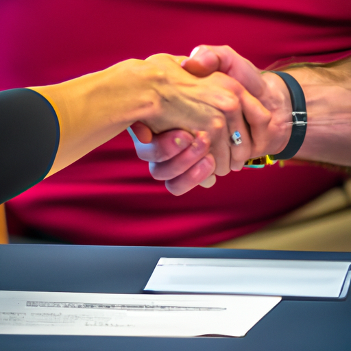 Un cliente le da la mano a un notario estadounidense después de completar con éxito el proceso de certificación notarial