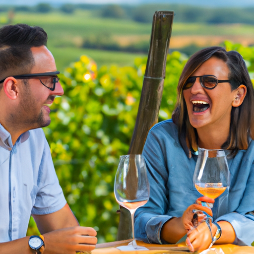 שני חברים צוחקים יחד במהלך חווית טעימות יין, כשברקע כרם יפהפה
