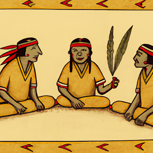 איור היסטורי של אנשים ילידים המשתמשים בטבק, המסמל את מקורותיו.